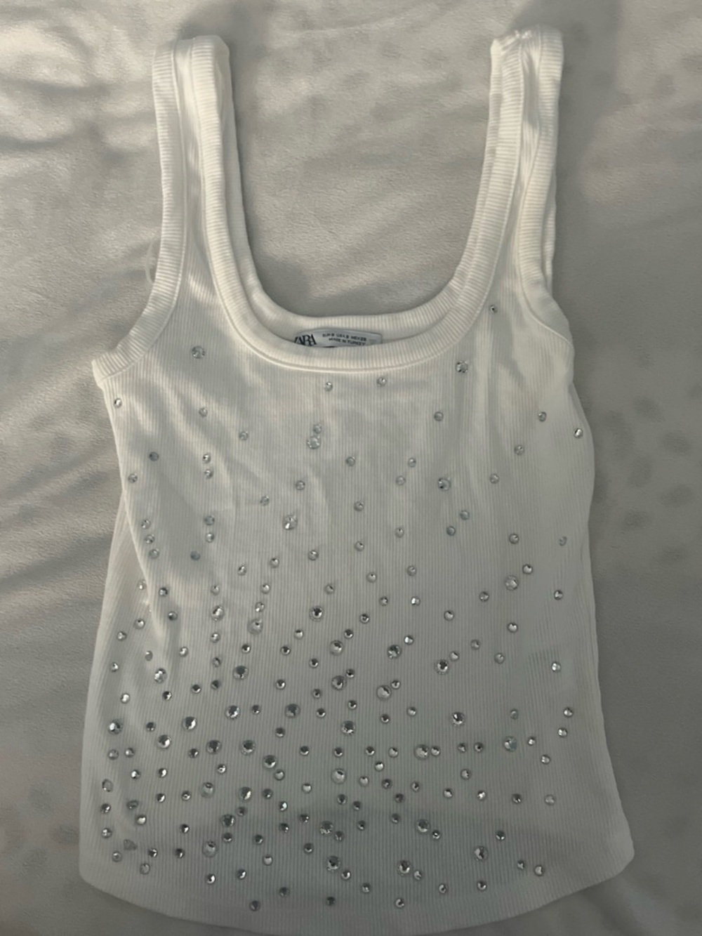 Zara White Ribbed Tank Top with Crystal Studs